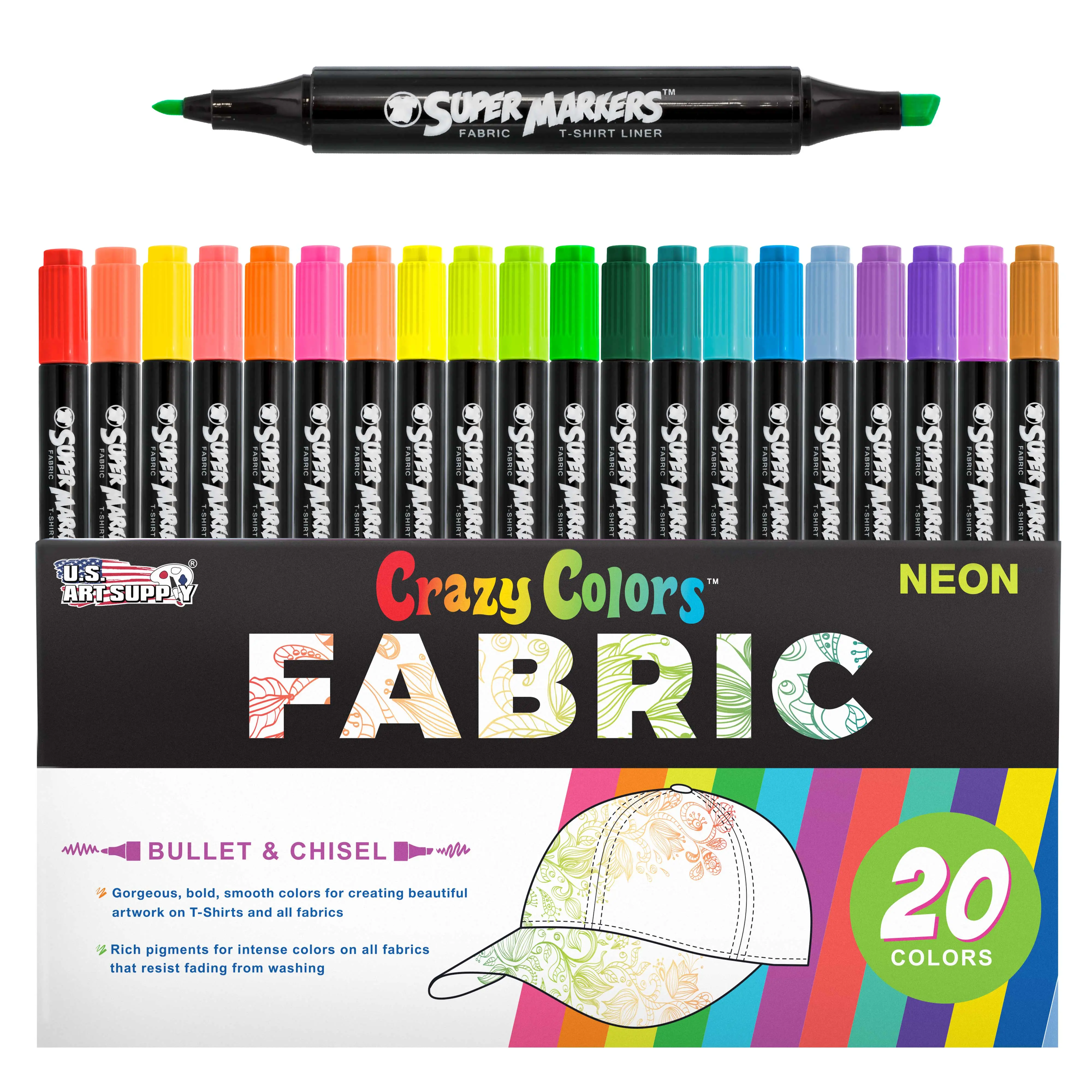 Super Markers 20 Neon Dual Tip Fabric Markers - Fine & Chisel Point Pens Fabric Marker Permanent for Clothes, T-Shirts - Permanent Ink Eye-Catching Ultra-Bright Neon Colors