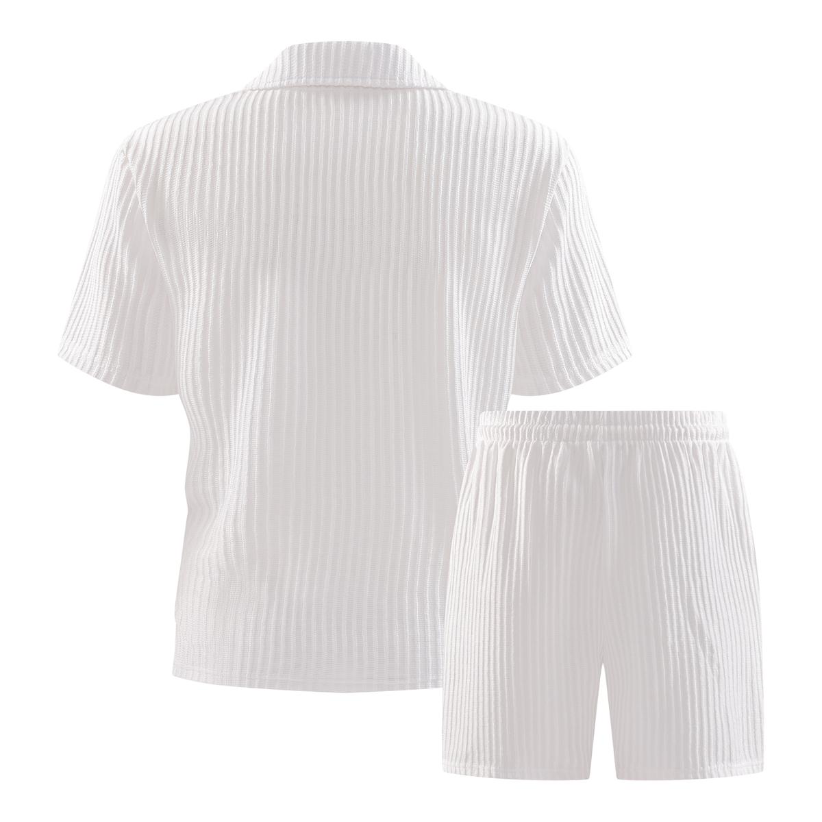 Classic men's solid color summer polo shirt shorts set, regular version with vertical fine stripe texture and exquisite collar design to create a refined casual look