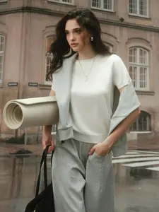 C202 Women Wool Blend Crew Neck Short Sleeve Knit Top | Lightweight Soft Quiet Luxury Minimalist Business Casual Work Outfit Spring Summer