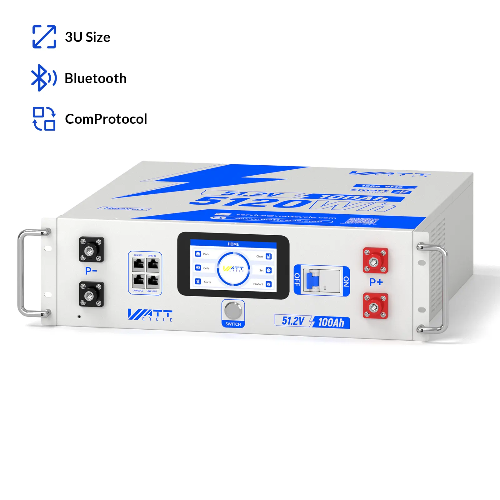 WattCycle Upgrade Gen2 48V 100Ah LiFePO4 Lithium Battery Rack Server Battery - Multiple Packages Delivery, Active Balancing, LCD, Bluetooth, Smart Comms, USB-C Output, CE, CAN, SDS, LiFePO4 Cells - For Solar System, Inverter, Outdoor Gadgets