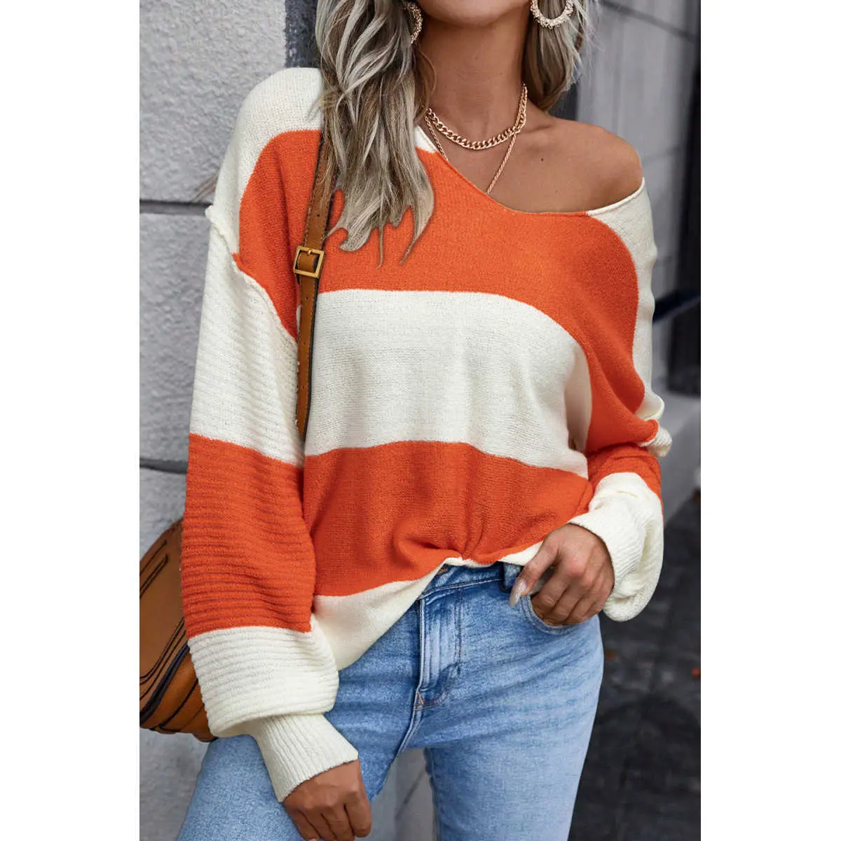 Orange Stripe Loose Color Block Drop Shoulder Bubble Sleeve Sweater
