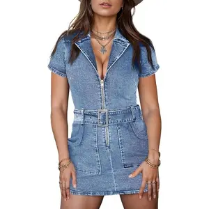 Wenrine Women’s Summer Denim Dresses Bodycon Zipper Front Belted Sexy Mini Casual Dress with Pockets