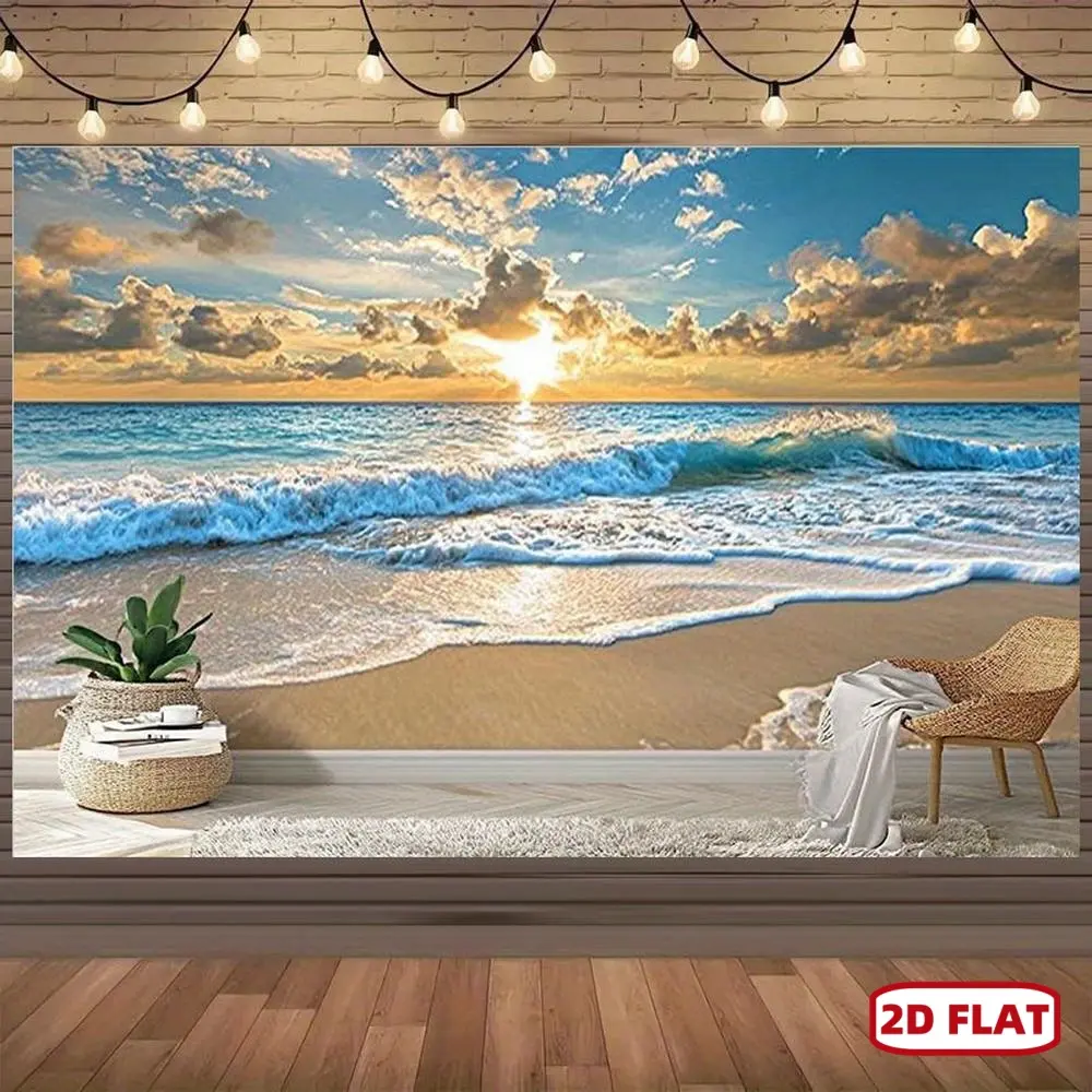 1pc Polyester 2D Flat Beach Sunset Wall Tapestry - Tapestry Room Decor, Birthday Party Backdrop, Home Supplies, Power-Free Serene Seascape