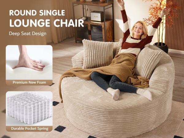 【2 Packages Shipping】Ovios 49" W Boneless Chaise Lounge and 59" W Oversized Round Sofa Bed - Sectional Sofa Set with Flexible Configuration, Plush Corduroy Fabric,No Assembly Required, 5 Pillows included