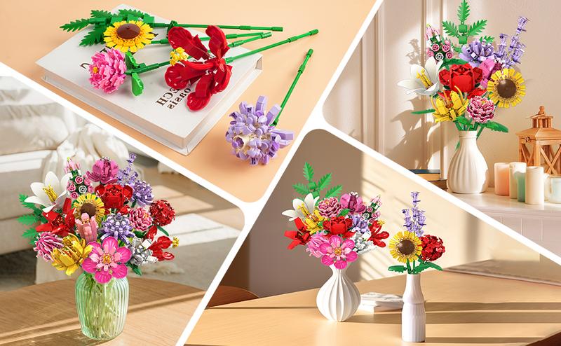 Flower Bouquet Building Set, Valentines Day Botanical Collection Building Block Toy 1461 PCS, 18 Flowers Rose Sunflower Home Plant Decor, Birthday Gifts for Adults Women Boys Girls 8-12+