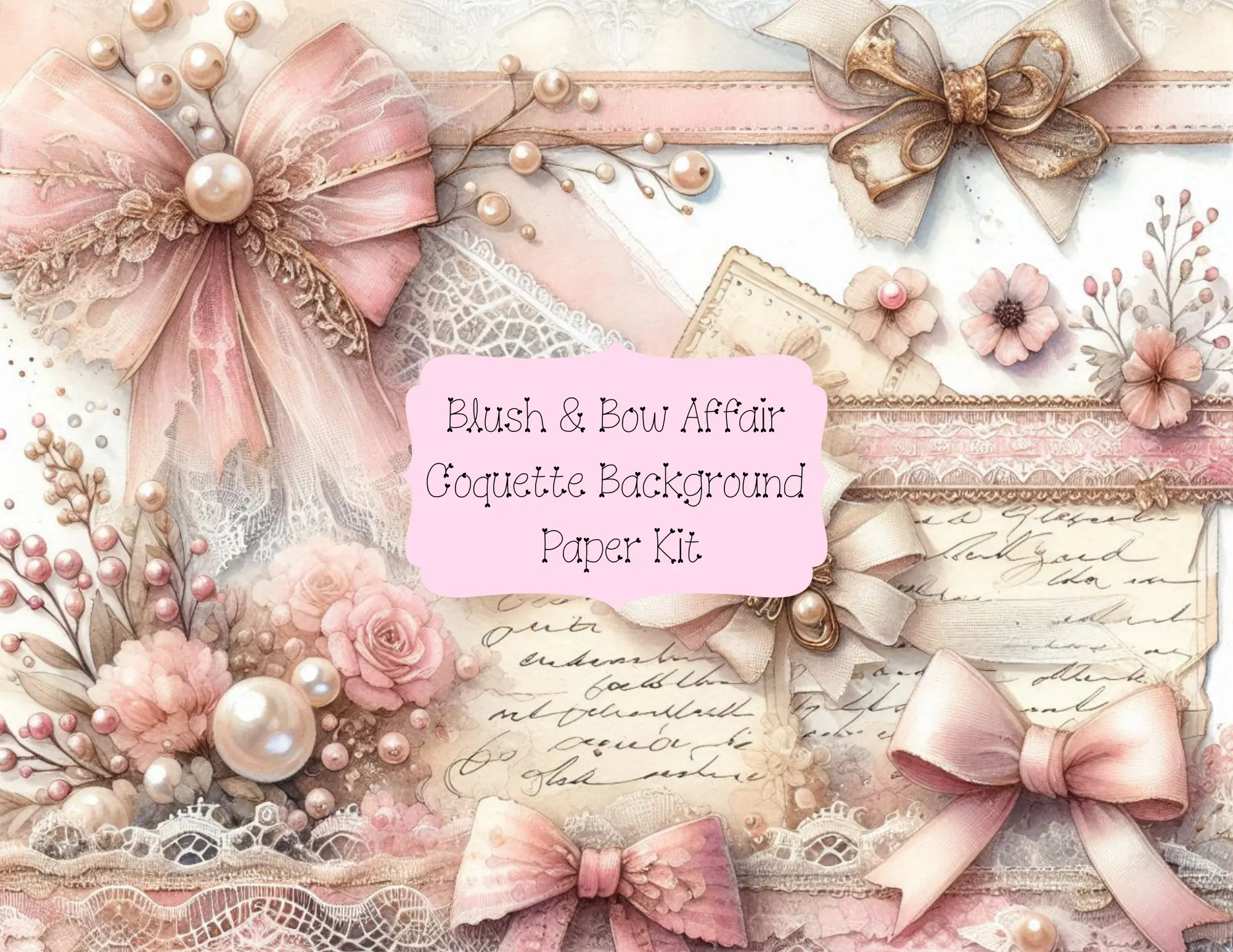 Blush & Bow Affair Coquette Background Paper Kit - Shabby Chic 50-Page Design with 24 Horizontal & 26 Vertical Pages for Crafting Journals & Mood Boards