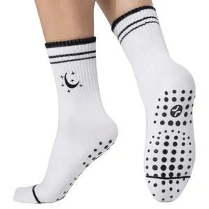 CoolMate Pilates Socks with Grips for Women, Yoga Socks, Crew Non Slip Women for Barre, Pilates Gifts (US, Numeric, 6, 10, Regular, Regular, E-18. 1 Pair Moon Star Black)