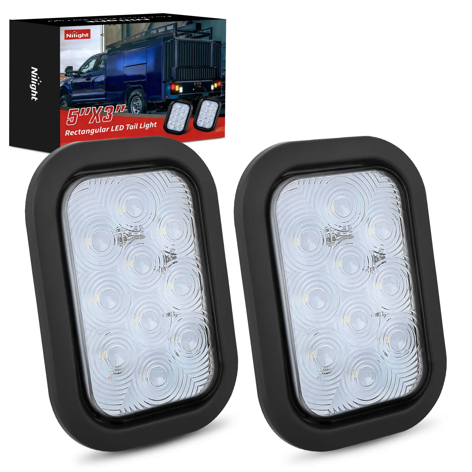 Nilight 5"x3" Rectangular Trailer Tail Light Kit, 2 PCS 10 LED 12V White Flush Mount Backup Reverse Lights with Grommets & Plugs, IP67 Waterproof for Trucks, Trailer Light Kit