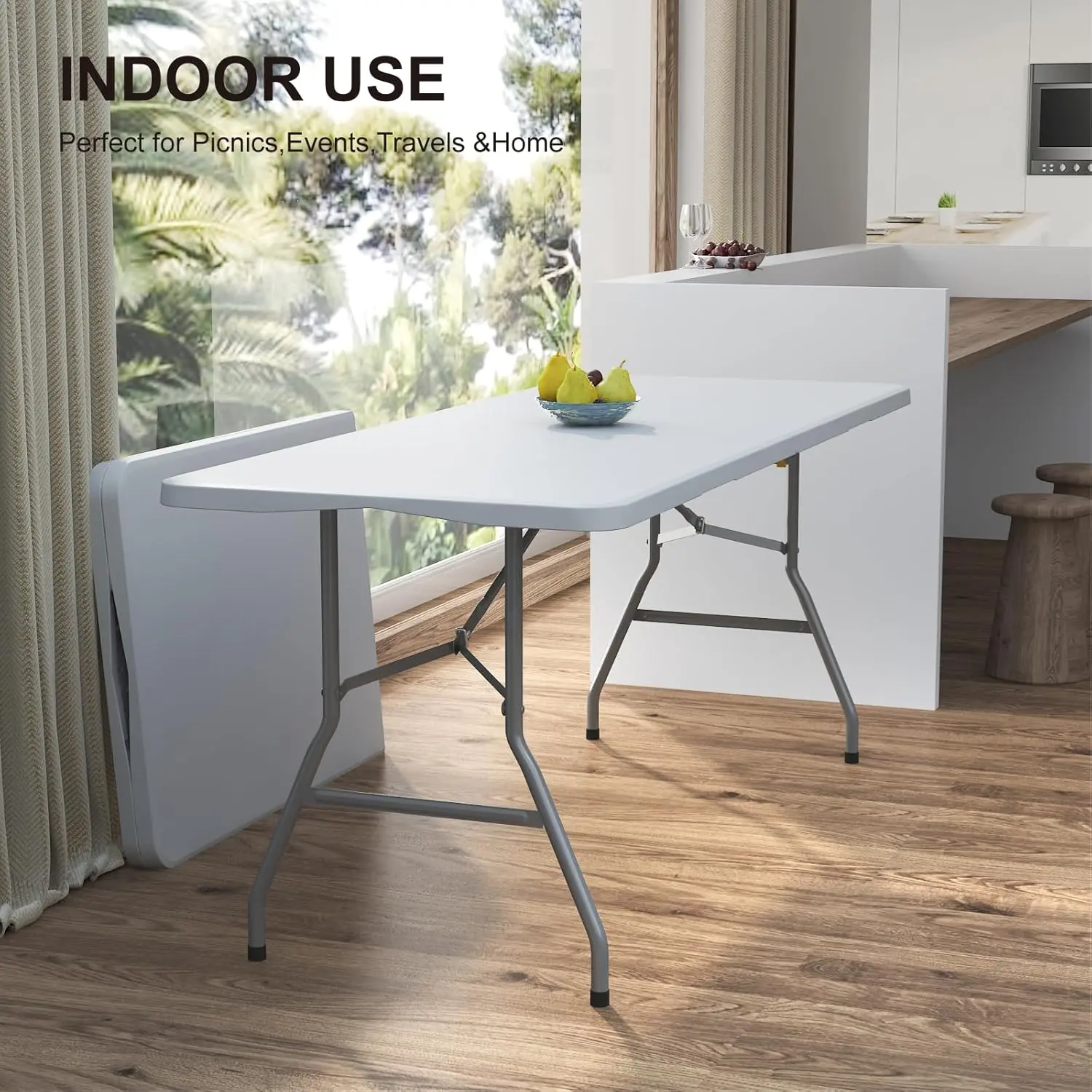 6ft Folding Rectangle Garden Table - White Commercial Heavy-Duty Table with Curved Alloy Steel Legs, Built-In Carrying Handle, Easy Carry for Indoor-Outdoor Wedding Parties, Dining Events (Home Supply), Folding Table, 6 Feet