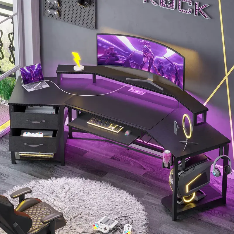 Sikaic 79" Gaming Desk, Computer Desk with 2 Fabric Drawers & LED Light, L Shaped Gaming Desk with Storage Shelf for Home Office, Carbon Fiber Desk Workstation, Home Furniture Christmas Gifts [SohoChic]