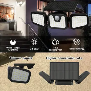 Solar Outdoor Light Set 2PCS 2500Lumens 210LED Security Light with Remote Control IP65 Waterproof 3 Head Motion Sensor 270° Wide Angle Flood Wall Light 3 Modes 12V