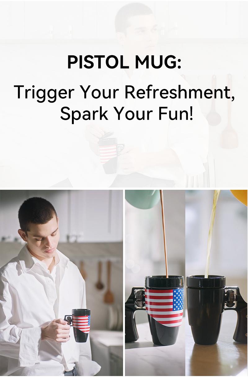 Pukomc Black Cool Revolver Ceramic Mug with Wooden Handle - Perfect Birthday or Retirement Surprise 16 oz (Flag)Drinkware, Coffee&Tea&Water Cup Washable Tumbler Reuse Reusable