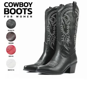 Womens Cowboy Boots Mid Calf Pointed Toe Chunky Block High Heel Pull On Embroidered Comfortable Fashion Elegant Party Wedding Vintage Bridal Western Cowgirl boots