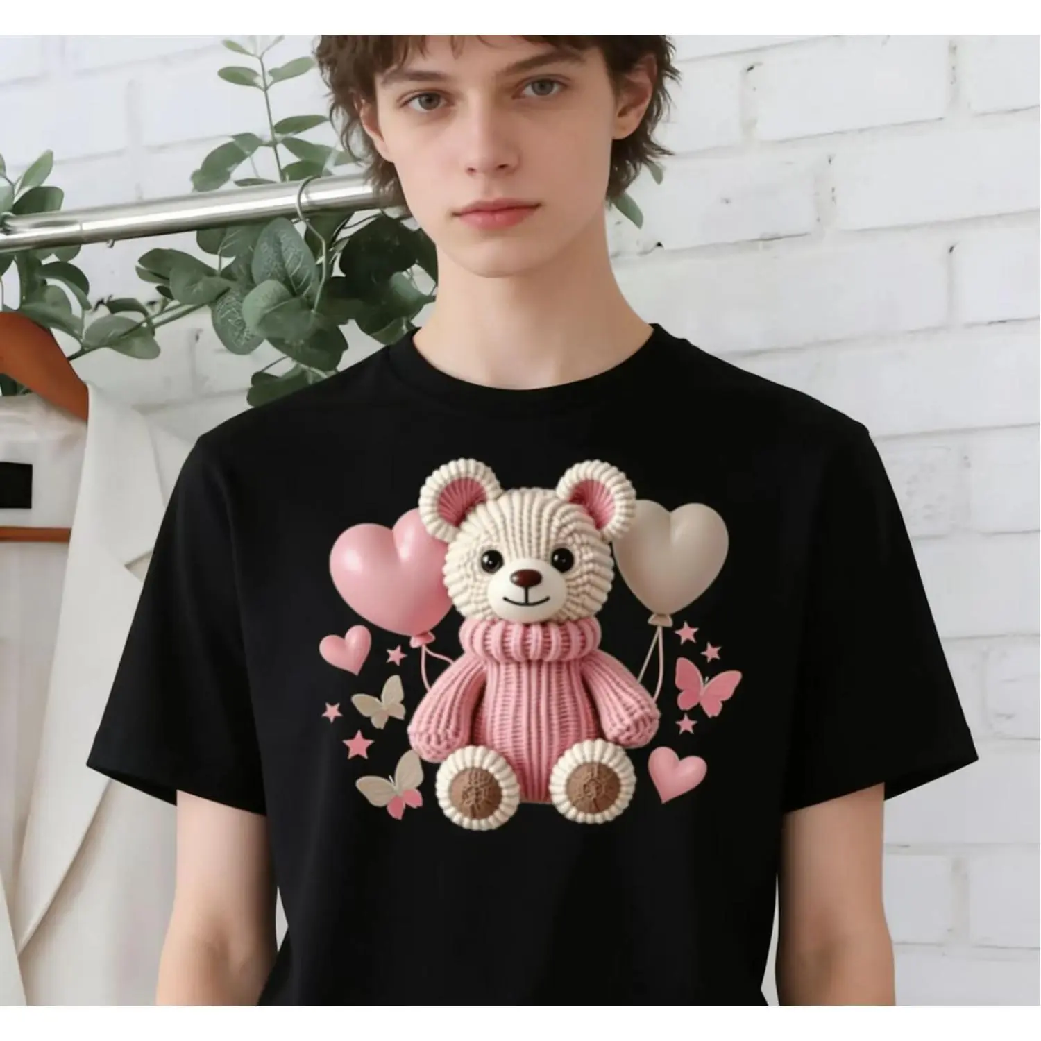 Soft and comfortable 100% cotton T-shirt with bear pattern! Decorated with pink hearts, butterflies and stars, this cute top is perfect for summer. Breathable, lightweight, and in a gender-neutral fit.