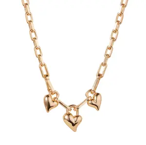 Padlock Triple Heart Pendant Necklace - Gold
