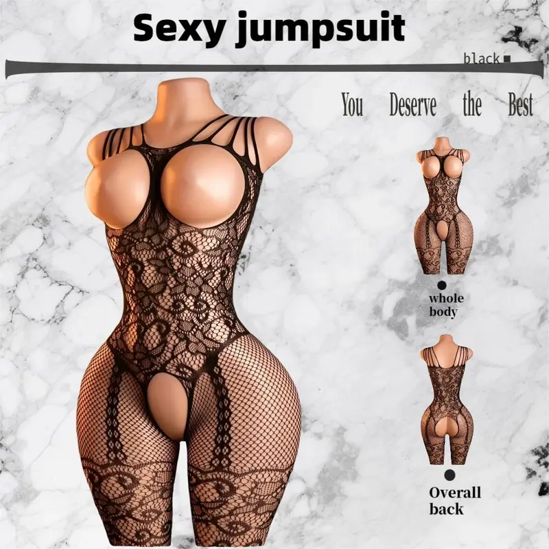 Women's sexy bodysuits and body stockings, women's semi-sheer black breast-revealing bodysuit with hollow flower patterns, super elastic semi-sheer crotchless pantyhose, sexy bodysuit underwear lingerie set  Floral Lace Mesh  Lingerie Set