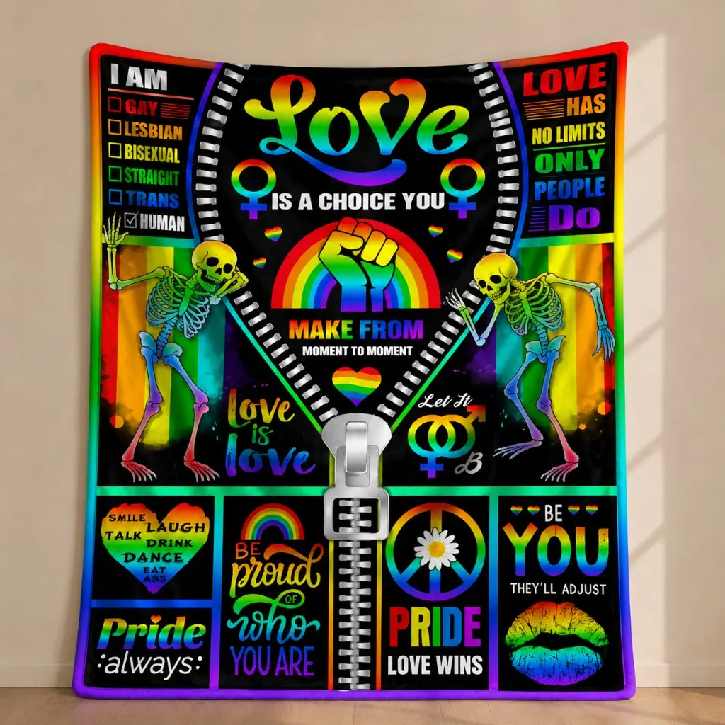 LGBT Pride Rainbow Skeleton Flannel Blanket - Contemporary Style All-Season Polyester Bed Throw, Couch Blanket for Pride Gifts