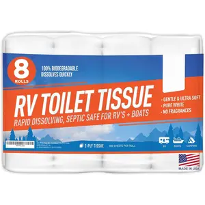 RV Toilet Paper, Septic Tank Safe-MADE IN THE USA- 8 Rolls,2-Ply 500 Sheets - Fast Dissolve Bath Tissue for Camping, Marine, RV Holding Tanks, Biodegradable