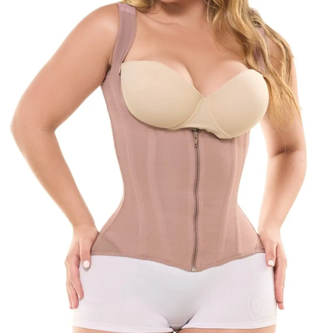 Fajas Salome 7013-CCB l | Colombian Vest Waist Cincher Front Zipper | 360° Boning Open Bust Shaper | High Back Posture Support Medium High Compression Women — Made in Colombia