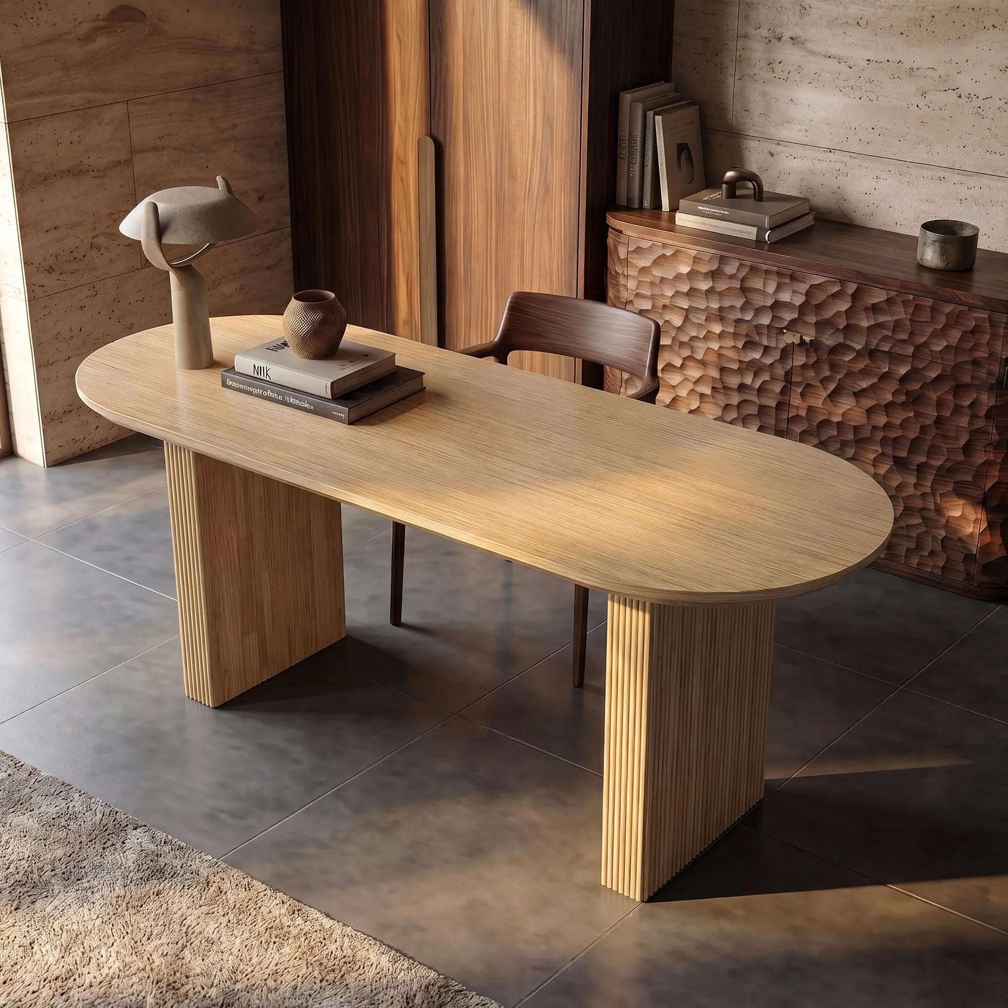 FUFU&GAGA 71 in Natural Oak Oval Top Solid Wood Dining Table, Fluted Pedestal Farmhouse Table for 6 Seats, 70.8"l×27.5"w, 176 lbs for Dining Room Eating Area