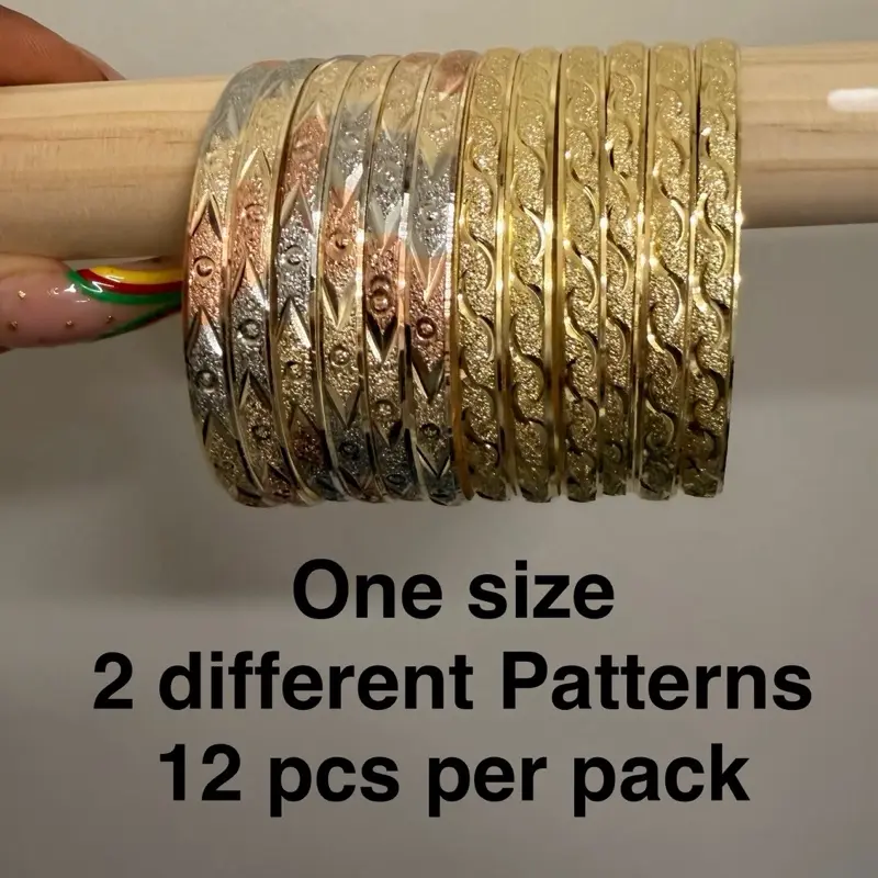 12 pcs  (GOLD&TRI COLOR TOGETHER ) One size 2 different Mix Patterns GOLD/TRI  12 pcs per pack Patterns 22 k diamonds  cut Bangle Bracelets for Women Fashion Jewelry Accessories mix patterns packs