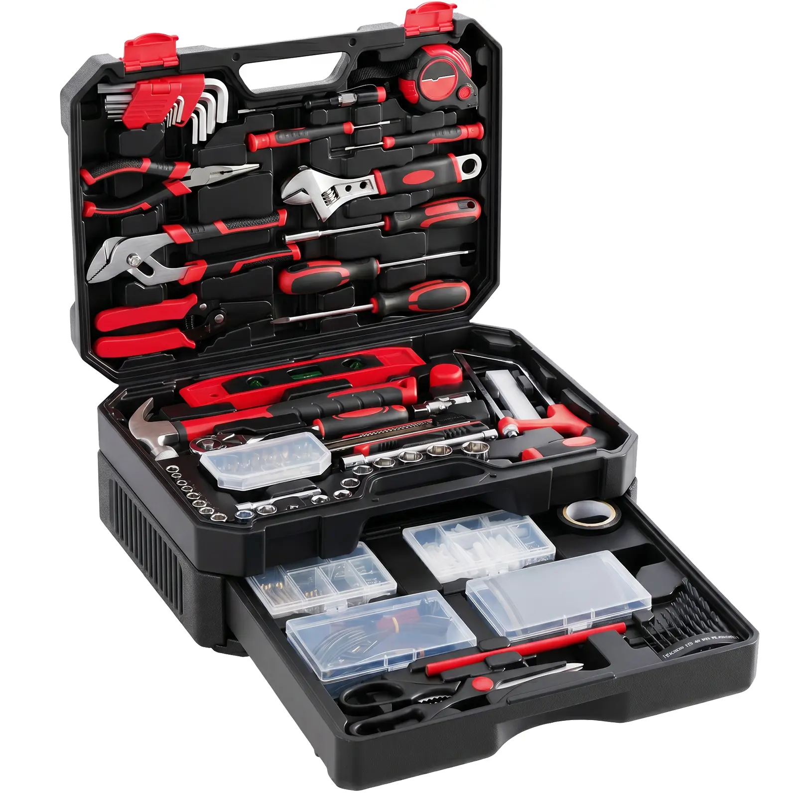 Household Hand Tool Kit, General Home Repair Tool Set with Hammer, Pliers, Socket Wrenches, Screwdrivers, Level & Hardware Organizer, Portable Toolbox for DIY, Automotive & Home Maintenance