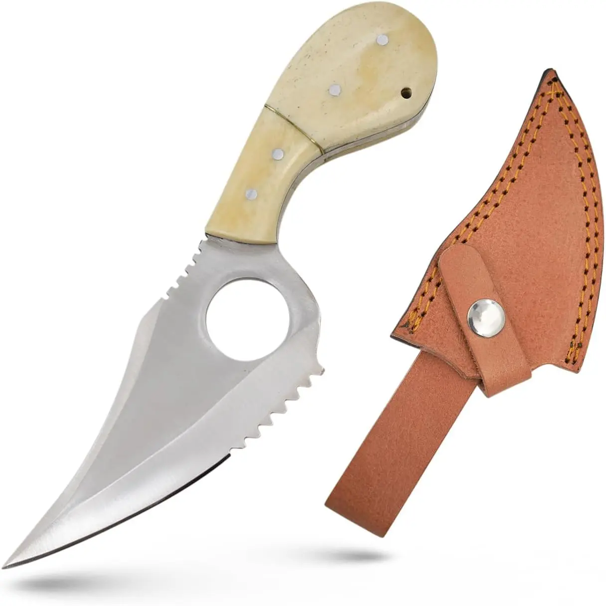 Wild Turkey Handmade Skinner Knife - Ambidextrous Survival Gear Outdoor Knife with Finger Hole Grip, 4.25" Serrated Steel Blade, Bone Handle, Durable Steel Tool, Included Leather Sheath (WT-793), Outdoor Knives