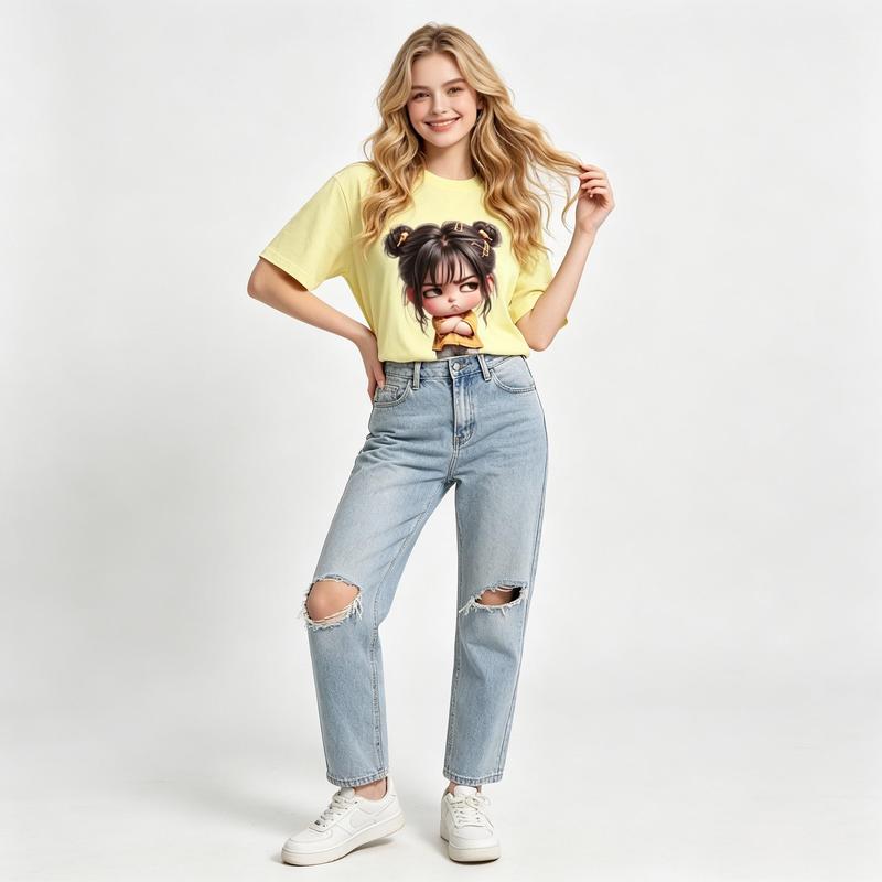 Women's Cotton Beach Tee - Soft, Comfortable Oversized Light Yellow Short Sleeve T-Shirt with Cute Cartoon Girl & Double Buns Gold Clips Print, Y2K Aesthetic Streetwear Summer Casual Fit Top