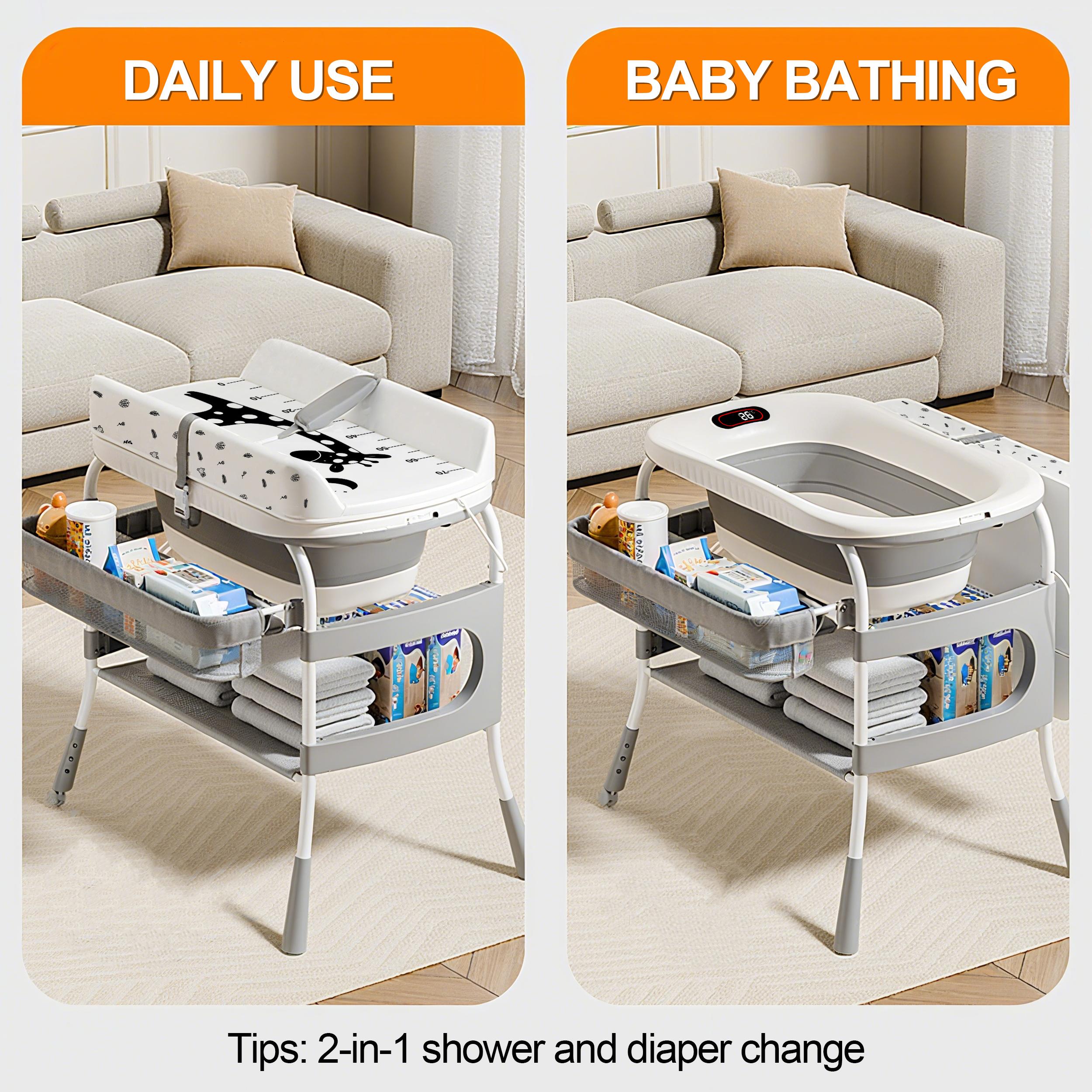 2-in-1 Baby Changing Table & Bath Tub Foldable with Storage Wheels Smart Temp Display Safety Belt Multifunctional Newborn Changing Table 2-in-1 Baby Changing Table & Bath Tub Foldable with Storage Wheels Smart Temp Display Safety Belt Multifunctional Newborn Changing Table