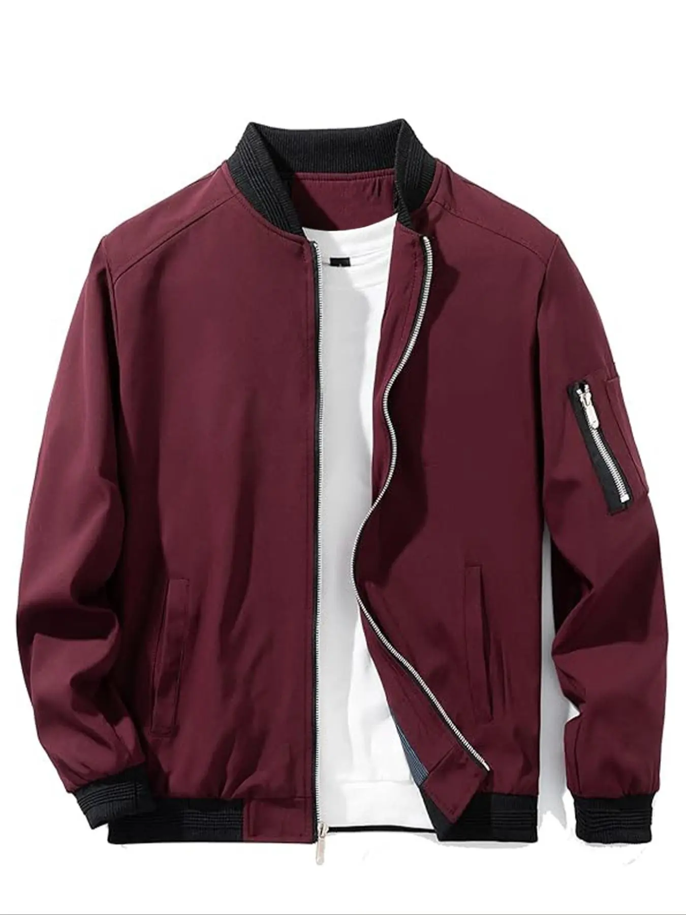 Men's Colorblock Zip Up Pocket Bomber Jacket Coats, Casual Zipper Outerwear, Classic Casual Long Sleeve Stand Collar Windproof Outerwear for Spring & Fall, Men's Clothes for Daily Wear Lightweight Jackets