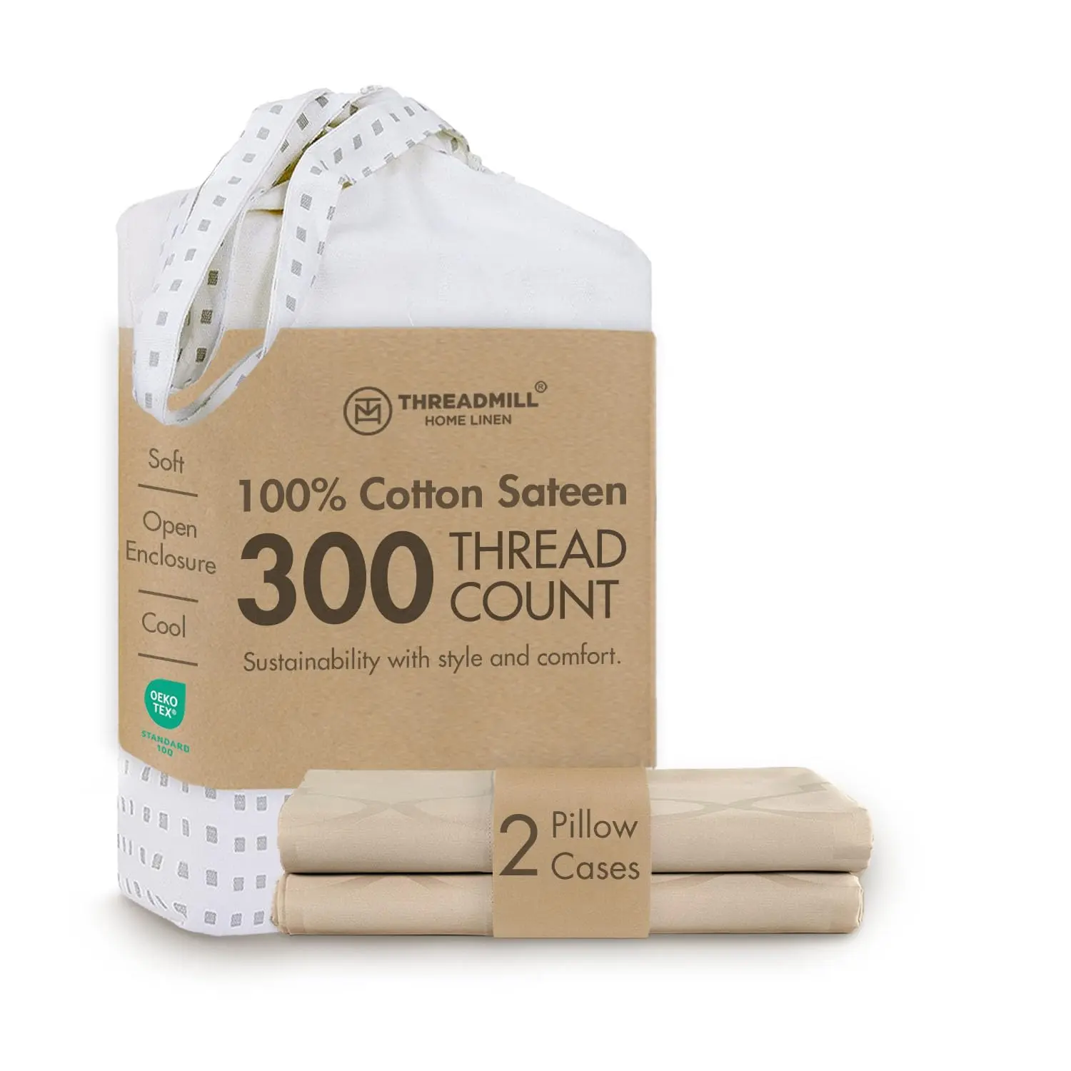 Threadmill Home Linen 2-Piece Geometric Pillow Cases Set - 100% Pure Cotton Jacquard Sateen Weave, 300 Thread Count, Cooling Sleep, Breathable, Durable, Eco-Conscious Home Bedding Pillowcases