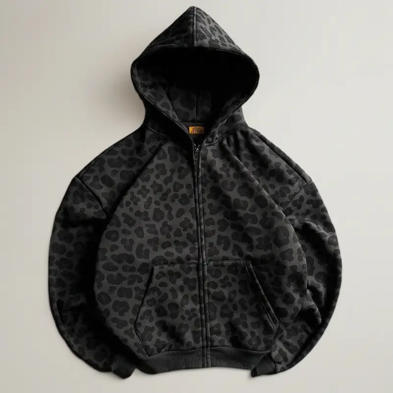 Retro Leopard Print Zip Up Hoodie, Unisex Slim-Fit Casual Streetwear Jacket with Long Sleeves, Sweatshirts, Casual Hoodie Jacket, Longsleeves