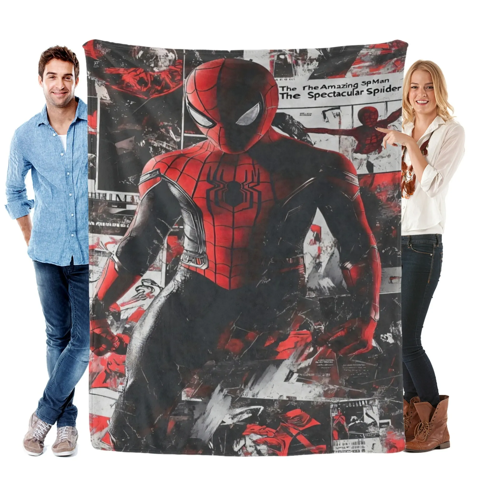 [SummerVibes] MARVEL CLASSIC Spider-Man Comic Collage Flannel Blanket, Soft 2D Print Throw for Couch, Bed, Office Nap & Fans