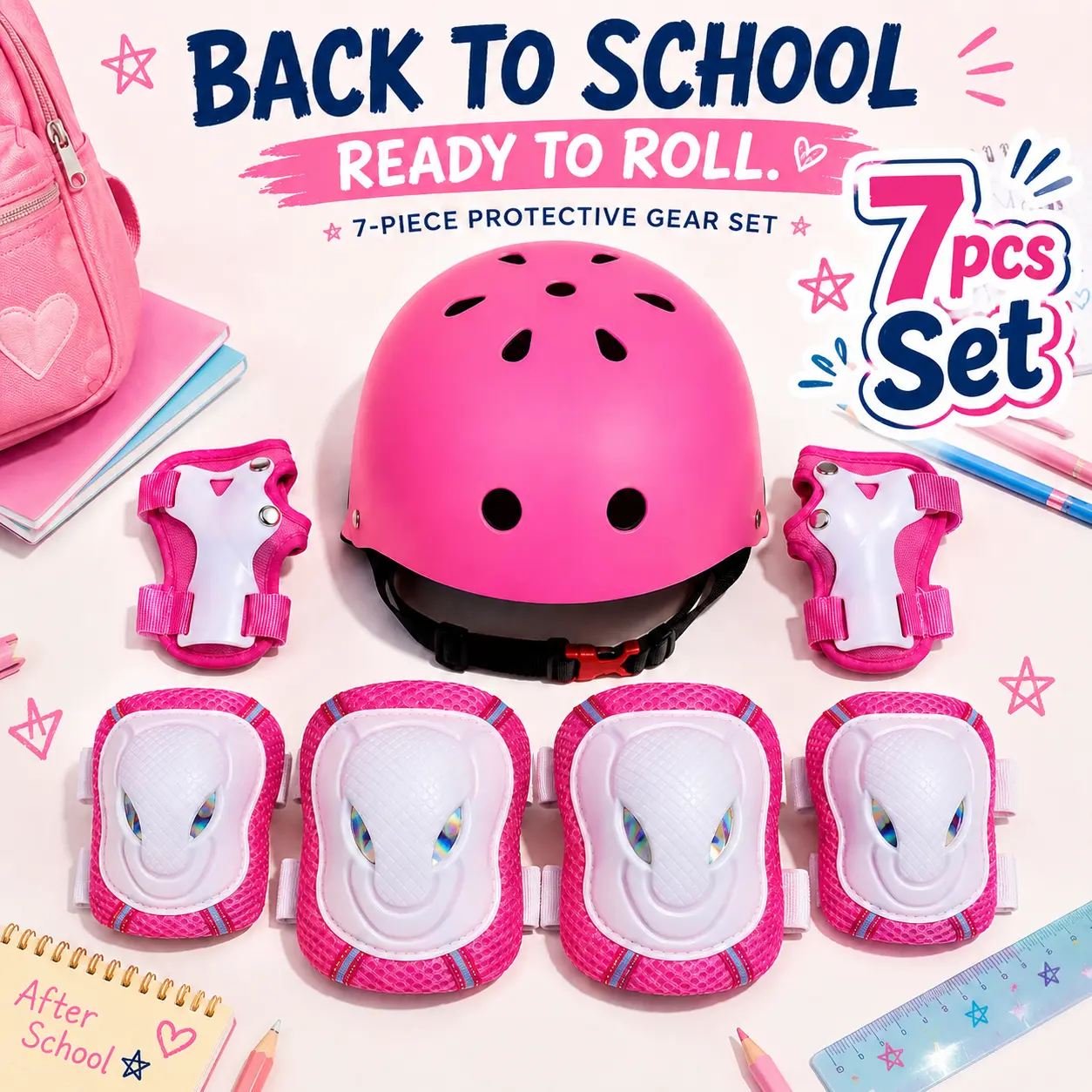 Kids 7-Piece Protective Gear Kit - Breathable Fabric, Helmet, Knee Pads, Elbow Pads, Wrist Guards, Hook-and-Loop Secure Strap Fit, for Skateboard/Scoot, Cycling, Ages 3-12