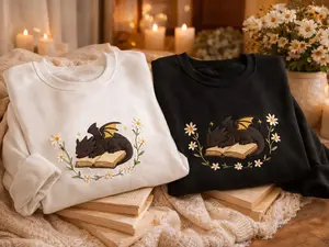 Dragon Book Embroidered Sweatshirt, Fantasy Book Reader Sweatshirt, Cottagecore Sweater, Book Addicted Shirt, Dragon Shirt, Bookworm Shirt