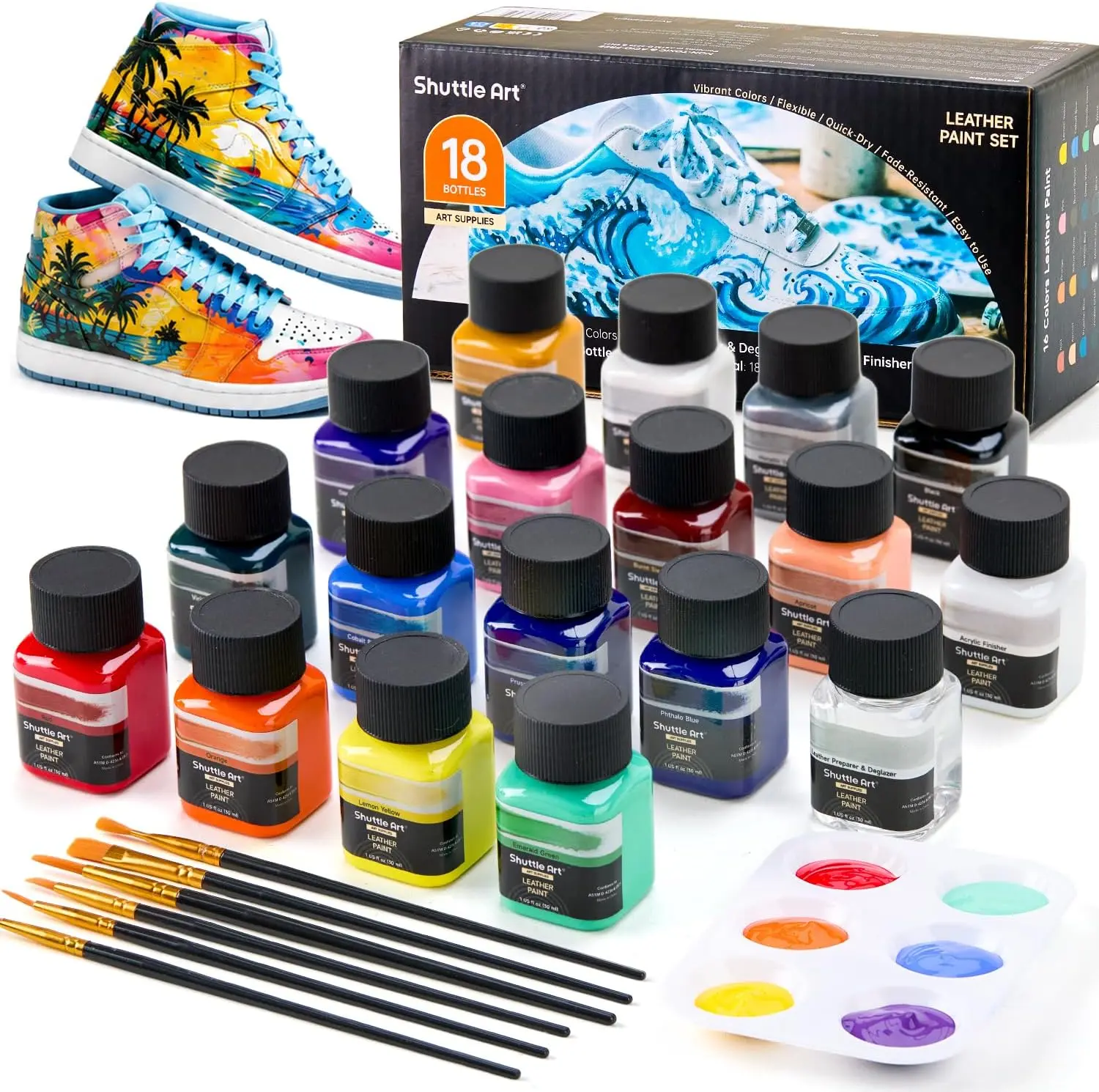 Shuttle Art 16-Color Bottled Acrylic Paint Set (30ml/1oz) with Deglazer, Finisher, Brushes, Palette, Dye for Leather Arts, DIY Projects