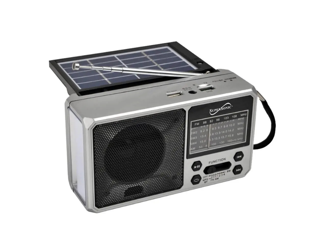 Supersonic SC-1180BT SolarWave Solar Emergency Radio w/Bluetooth 6.0, AM/FM/SW1-4, Solar+USB-C Rechargeable Battery, LED Flashlight, Micro SD/USB, 360° Antenna, Portable Speaker (Silver)