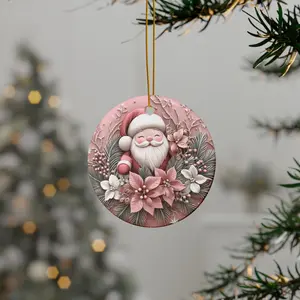 Ceramic Christmas Circle Ornaments 3D Effect Cute Pink Pastel Round Personalized Holiday Santa Snowman Tree Angel Reindeer Village