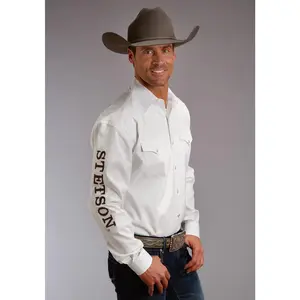 Stetson Mens White 100% Cotton Logo Wear L/S Shirt
