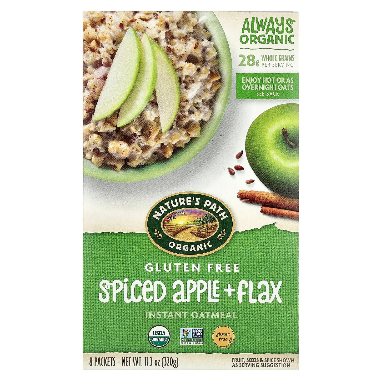 Nature's Path Organic Gluten Free Instant Oatmeal, Spiced Apple + Flax, 8 Packets, 11.3 oz (320 g)