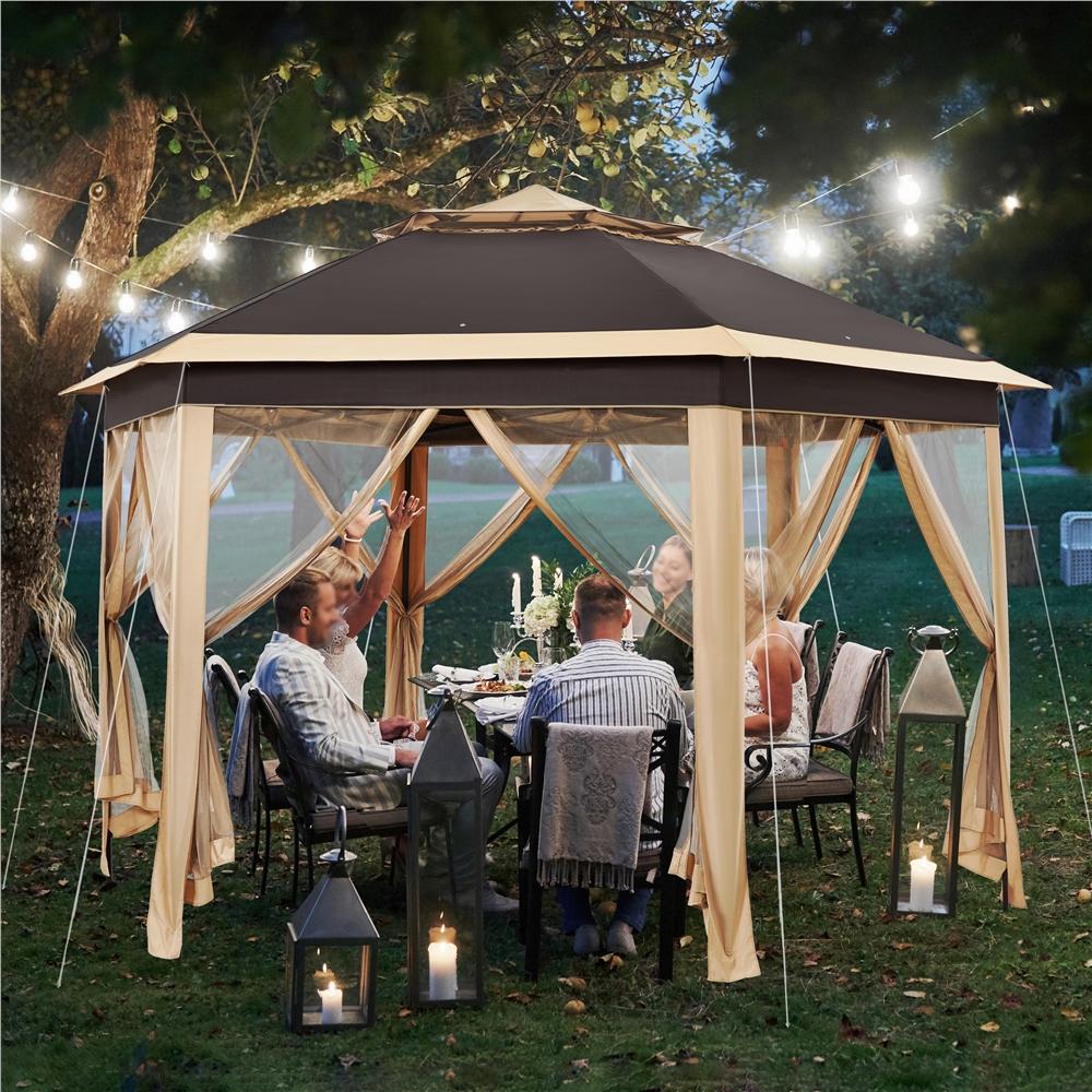 【Button Lift&Lock】Yaheetech 13x13 Pop up Gazebo, Hexagonal Outdoor Canopy Shelter, Instant Patio Gazebo Sun Shade Canopy Tent with Double Tiers & Mesh Netting for Lawn, Garden, Backyard & Deck