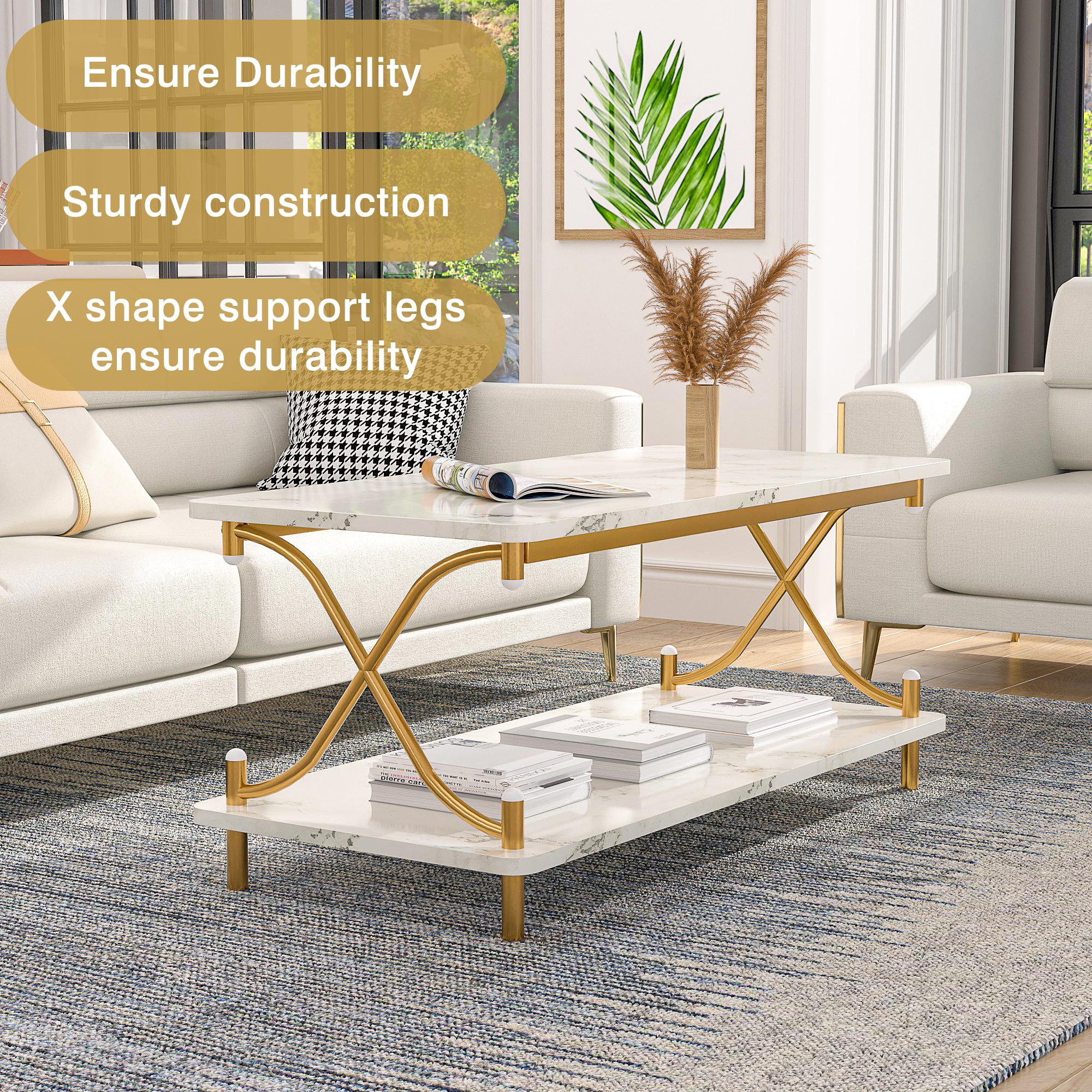 VECELO Coffee Table With Storage And Open Shelves, Modern Rectangle X-Shape Side Metal Frame Wood Console Table For Living Room Office, Brown ,Gold,Black