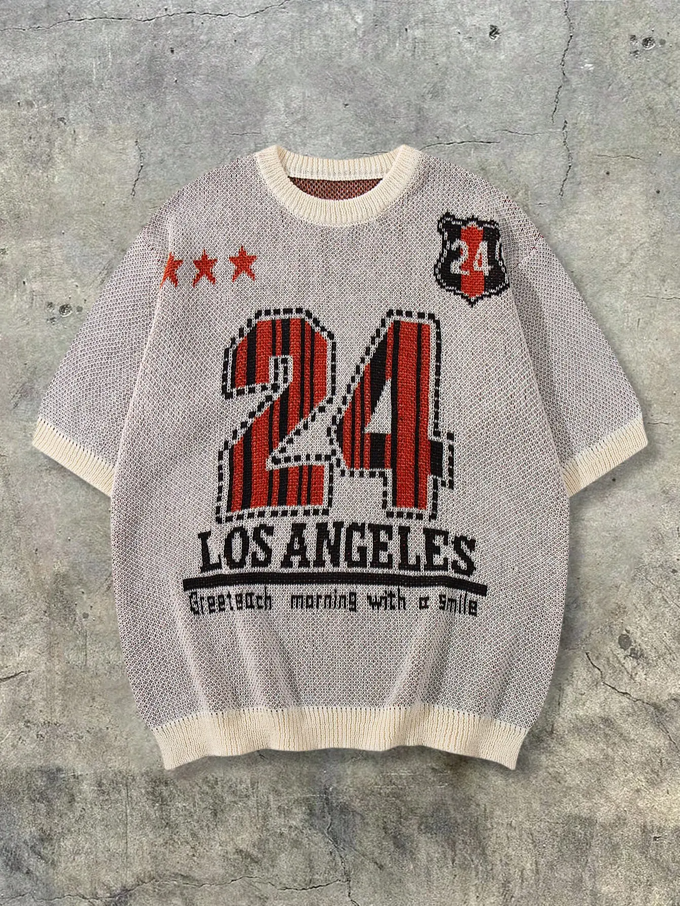 Spring/Summer New Retro Jersey-Style Knit Short-Sleeve Top with Numeric Code Pattern, Trendy Street-Style Minimalist Sportswear Tshirt Casual Relaxed Fit