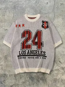 Spring/Summer New Retro Jersey-Style Knit Short-Sleeve Top with Numeric Code Pattern, Trendy Street-Style Minimalist Sportswear Tshirt Casual Relaxed Fit