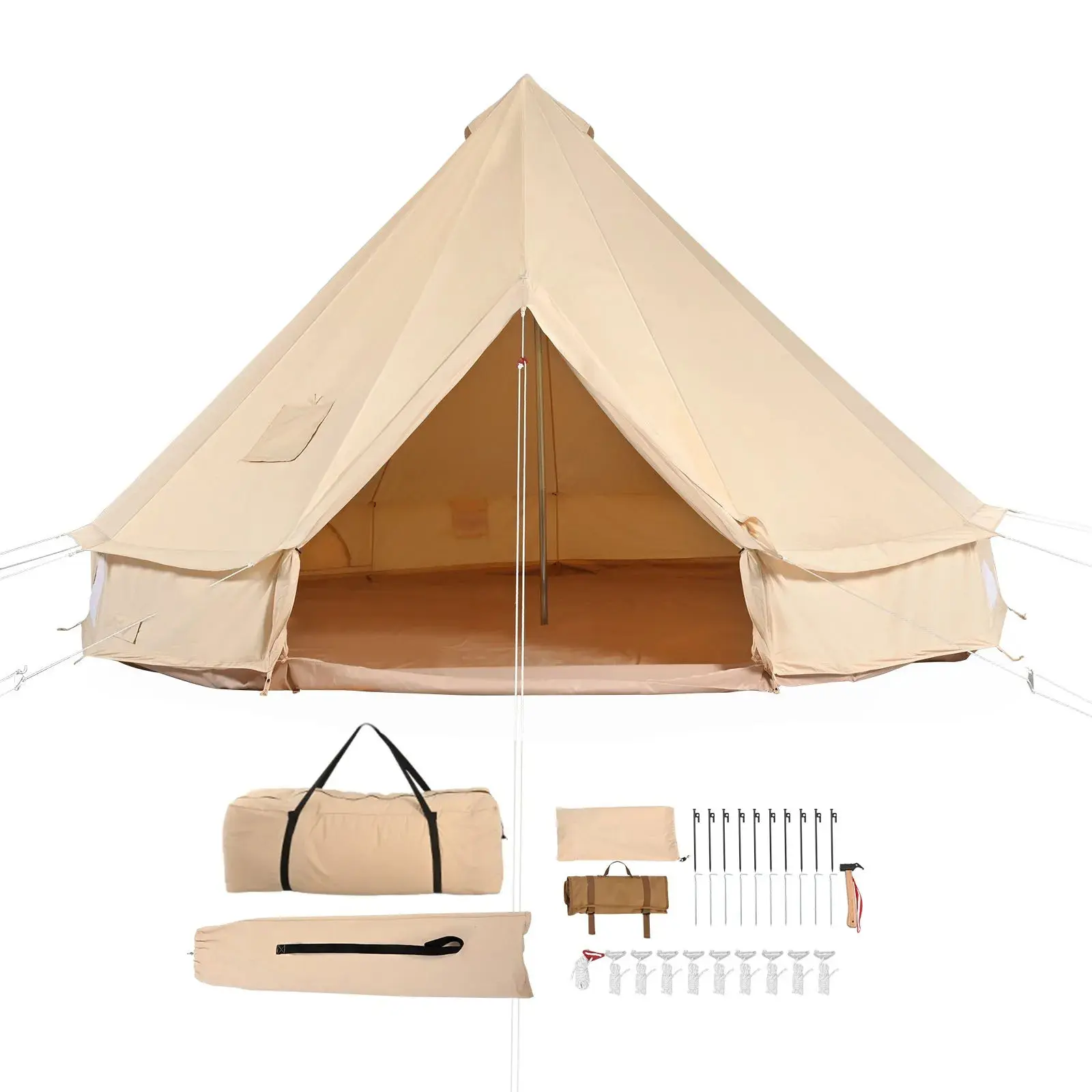 9.8FT 4-Person 4-Season Canvas Bell Yurt, Breathable TC Fabric with Fireproof Stove Jack, Galvanized Iron Pole Structure, Windproof Waterproof for Family Outdoor Camping