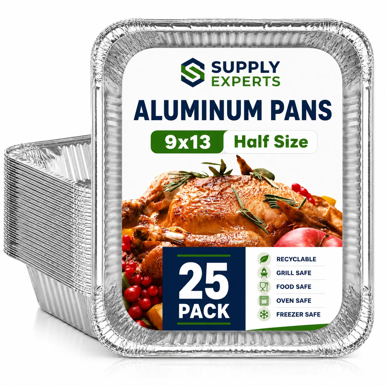 25-Pack Rectangular 9x13 Half Size Deep Aluminum Foil Pans - Extra Heavy Duty Disposable Deep Pans for Baking, Roasting, Meal Prep, Deep Pan