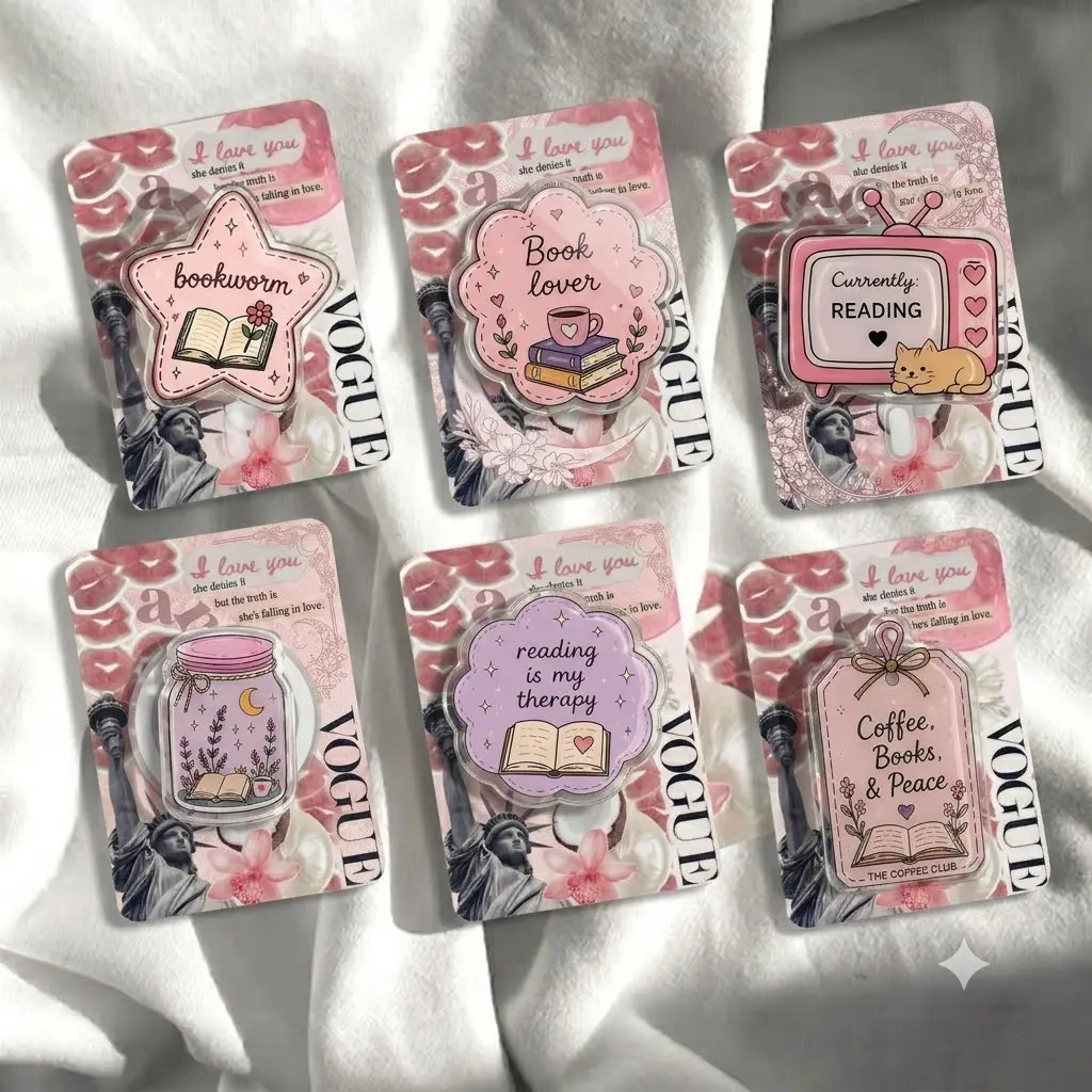 Bookworm Star Phone Grip, Cute Reading Phone Holder, Pastel Pink Bookish Phone Stand, Literary Phone Accessory, Cozy Reader Gift, Aesthetic Smartphone Mount for Book Lovers