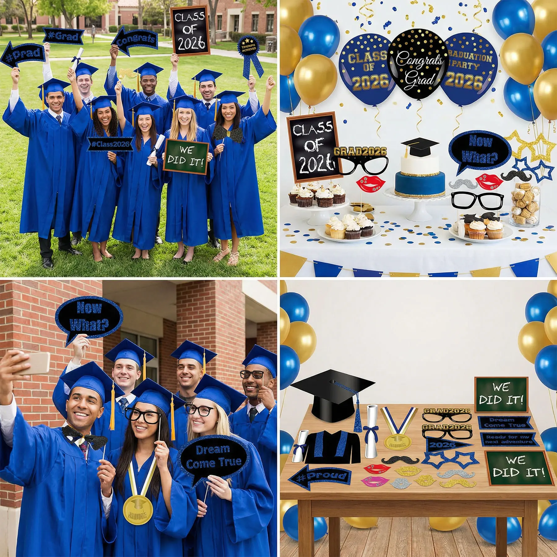 Class of 2026 Graduation Photo Booth Props Set - 35PCS Blue and Gold ...
