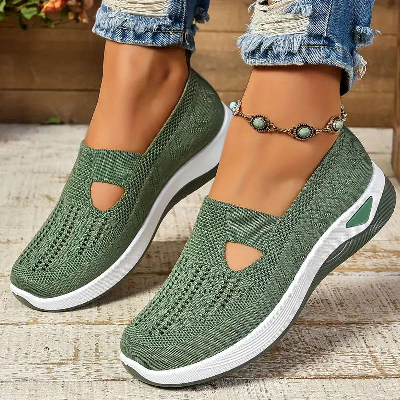 Rain Core Women's Cut-Out Slip-On Sneakers, Casual Breathable Footwear, Lightweight Outdoor Flat Women's Shoes, Casual Flat Footwear