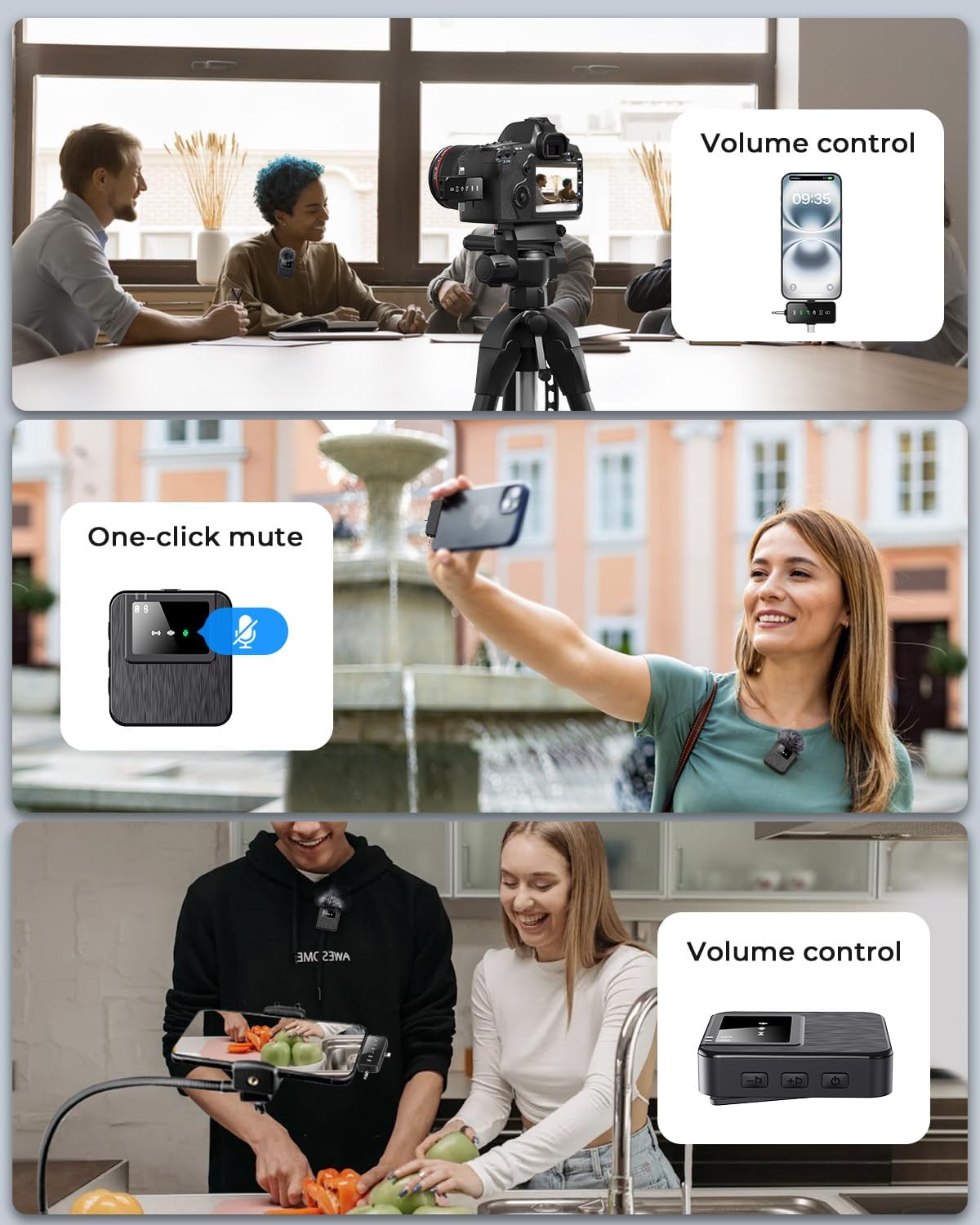 3-in-1 Compact Wireless Microphone for iPhone, Android, Camera: 20H Battery, 328FT Range, Mini Microphone for Video Recording, Noise Canceling for Content Creators, Power Conditioners